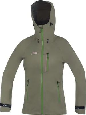 Hardshelljacke TALUNG LADY von DirectAlpine in olivgrün mit Kapuze und Reißverschlusstaschen.