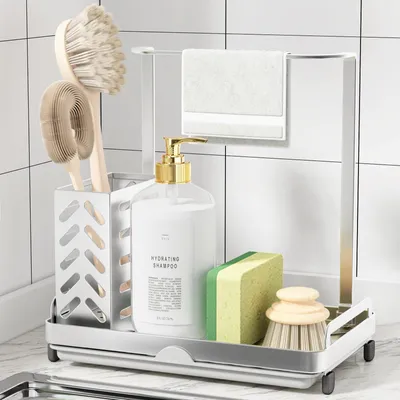 Image de Organisateur de cuisine – Organisateur d'évier en acier inoxydable, organiseur de cuisine multifonctionnel avec bac d'égouttage amovible et support pour éponges de cuisine, taille moyenne, gris