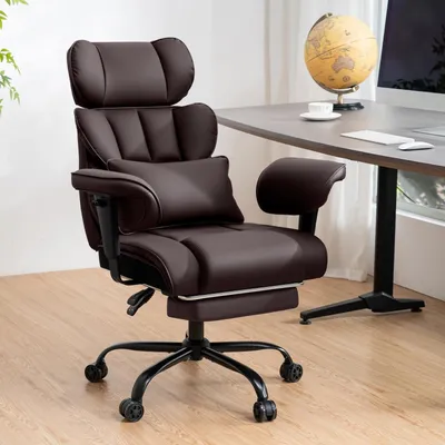 Obrázok produktu pre Ergonomická kancelárska stolička – kreslo pre manažéra – nosnosť do 200 kg – nastaviteľná bedrová opierka – podnožka – koža – hnedá