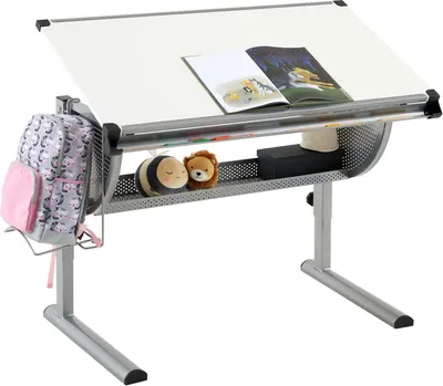 Produktbild von Kinderschreibtisch MADS Schülerschreibtisch Jugendschreibtisch mehrfach höhenverstellbar und neigbar, weiß, mit Bücher- und Ablagefach,abnehmbare Rucksackhalterung, stabiles Metallgestell