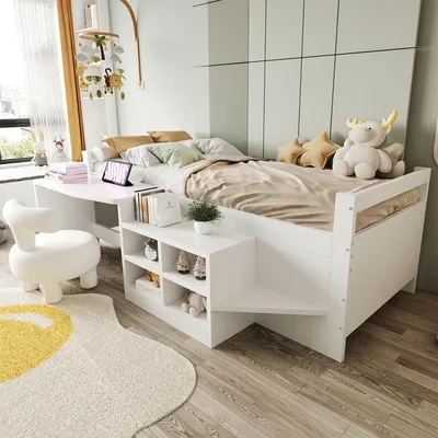 Obrázek produktu pro Polovysoká postel s úložnými prostory Psací stůl a zásuvky Postel pro mladé Dětská postel 90×200 cm Bílá