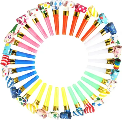 Produktbild von Krachmacher Tröten 100 Stück, Mehrfarbig Party Hörner Gebläse, Partykrachmacher Kinderspielzeug für Geburtstagsfeier Fasching Kinder Party Bankett Graduierung Festliche Anlässe (Gemustert)