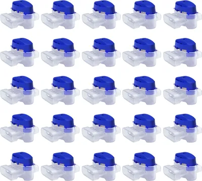 A grid of identical electrical wire connectors with blue tops and clear plastic bases, arranged on a white background.