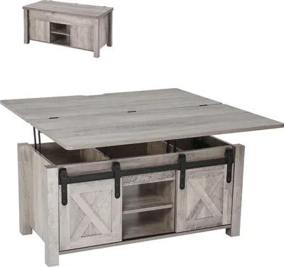 A lift-top coffee table with barn door accents and hidden storage is shown in an open position, with a smaller inset image showing the table closed.