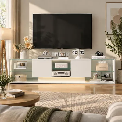 Immagine prodotto di Mobile TV INONEFT, finitura lucida, con illuminazione LED, mobile basso TV con 2 cassetti e vano contenitore in vetro temperato, dimensioni 200 x 35 x 45 cm, colore bianco
