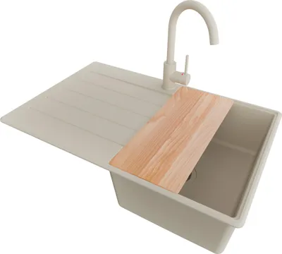 Produktbild von PRIMAGRAN Granitspüle Beige 78x50cm, Spülbecken 1 Becken + Küchenarmatur 32x20cm + Ablauf-Set + Schneidebrett, Küchenspüle ab 45er Unterschrank - Kopenhagen