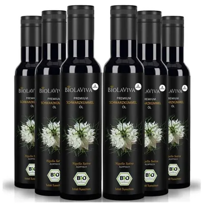 Produktbild von BIOLAVIVA Schwarzkümmelöl (6 x 250ml) – kaltgepresst & ungefiltert – hoher Thymochinongehalt – labor & lichtgeschützt