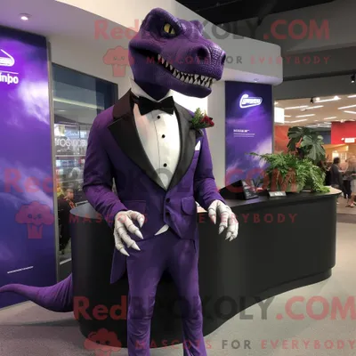 Imagen del producto de Personaje REDBROKOLY mascota de un Allosaurus morado vestido con esmoquin y corbata