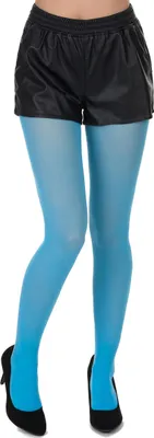 A person's legs wearing turquoise tights and black shorts.