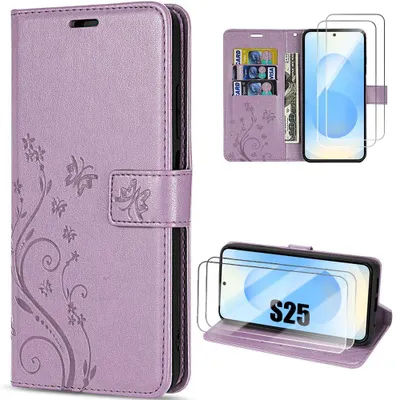 Image de Coque + 2 Verres Trempés pour Samsung Galaxy S25, Flip Case Cuir Synthétique Motif Relief Floral Papillon Violet
