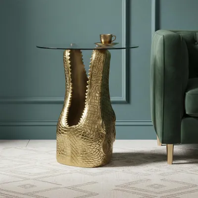 Produktbild von riess-ambiente Design Beistelltisch WILDLIFE CROCODILE 50cm gold runde Glasplatte Krokodil Couchtisch