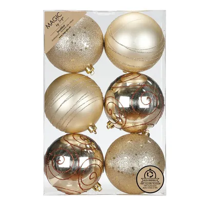 Produktbild von Weihnachtskugeln Kunststoff 8cm mit Glitzer 6er Set - Creamy Gold