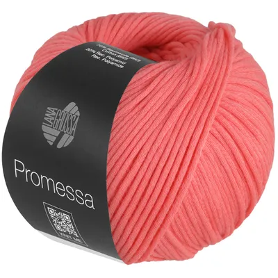 A ball of coral-colored yarn with a black label.