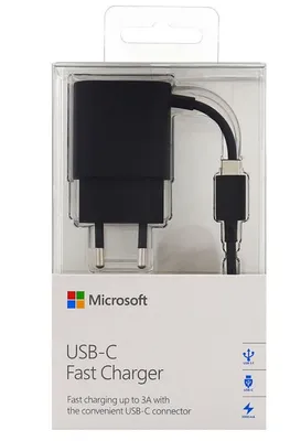 A black Microsoft USB-C fast charger in its retail packaging.