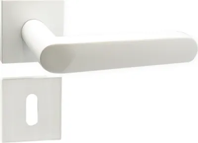 A white door handle set with a square escutcheon plate.