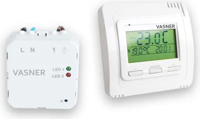 Two electronic devices, likely a thermostat and a receiver unit, are shown against a white background.