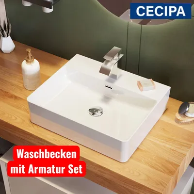 Produktbild von Waschbecken 50x42 cm mit Armatur Set, Keramik Aufsatzwaschbecken eckig, Cecipa MAX Badwaschbecken Wandmontage, Wasserfall Armatur pflegeleicht