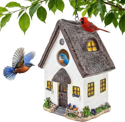 Productafbeelding van Vogelhuis om op te hangen, weerbestendige nestkast voor vogels met 35 mm toegangsgat, decoratief vogelhuisje van hars voor tuin, balkon