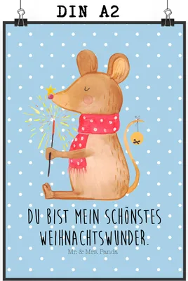 Produktbild von Mr. & Mrs. Panda Bild Maus Weihnachten DIN A2 - Blau Pastell - Geschenk, Weihnachtsmotiv, Weihnachtswunder, Wanddekoration, Wandbild, wandkunst, drucke, Plakat, Frohe