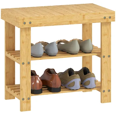 Productafbeelding van Bamboe schoenenbank, schoenenrek met 2 planken, zitje, voor hal, entree, 50x28x45cm, naturel