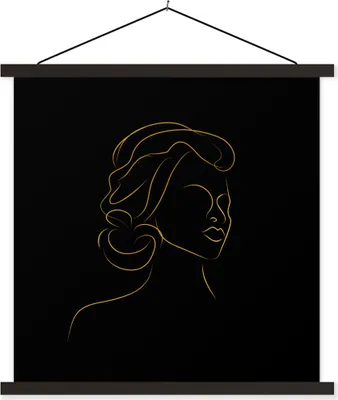 Produktbild von MuchoWow® Textilposter Frau - Schwarz - Gold - Strichzeichnung 60x60 cm mit schwarzem Rahmen - Posteraufhänger