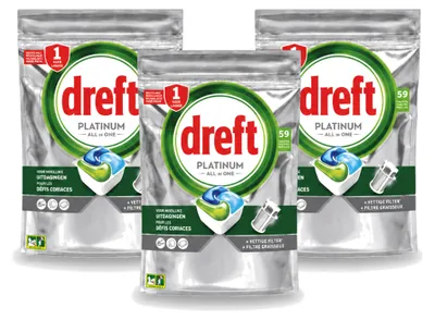 Produktbild von 3 x Dreft Platinum All-in-One Spülmaschinentabs Original - 879 g - Vorteilspackung - 3 Stücke