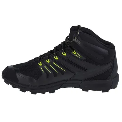 A single black hiking boot with yellow accents is shown from the side against a white background.