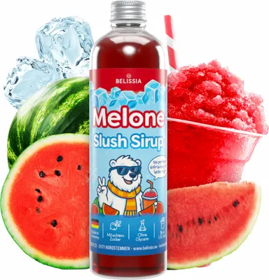 Produktbild von Belissia Slush Eis Sirup 250ml Konzentrat - Wassermelone - sehr ergiebig in knalligen Farben (1:5) für bis zu 1,5 Liter - Glycerin frei – für Slush-Eis