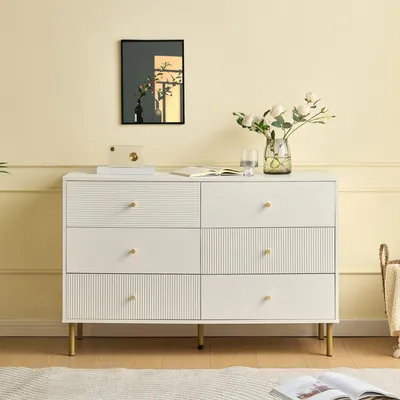Obrázek produktu pro Příborník Merax se 6 zásuvkami, bílá komoda s úchytkami ze slitiny zinku a ocelovými nohami, 120 × 40 × 78 cm, skříň do ložnice a obývacího pokoje