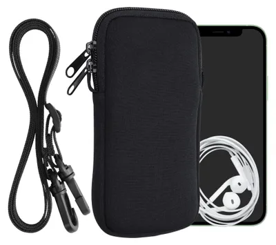 Produktbild von kwmobile Handytasche für Smartphones XL - 6,7/6,8" - Neopren Handy Hülle Schwarz mit Kordel - Handy Tasche mit Handykette 17,2 x 8,4 cm Innenmaße