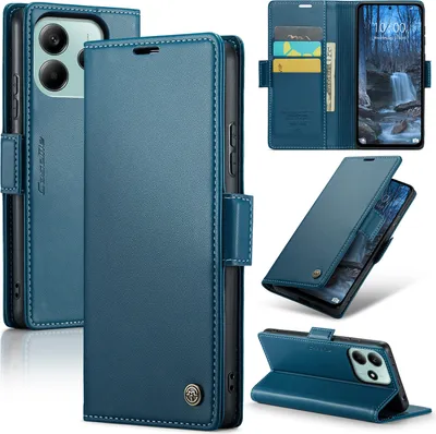 A collage of images showing a blue leather phone case with card slots and a stand function.