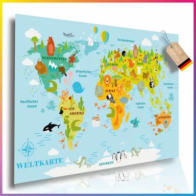 Produktbild von Bunte Weltkarte für Kinder XL 60x42 cm Kinderweltkarte Poster World Map Lern- und Spaßkarte für junge Entdecker mit Tieren & Kontinenten