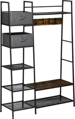 Image de HOMCOM Porte-manteau vestiaire meuble d'entrée style industriel avec banc à chaussures, étagères, 5 crochets amovibles et 2 tiroirs en tissu, 125 x 43 x 185,5 cm, en acier et bois gris, brun rustique