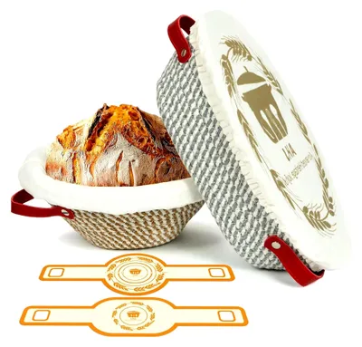 Produktbild von Gärkorb Set für Brot, Gärkörbchen aus Baumwollseil mit 2 Gärkörbchen (24 cm rund & 28 cm oval), inklusive Baumwoll-Liner & Silikon-Backmatte, Backzubehör für Bäcker und Brotback-Anfänger