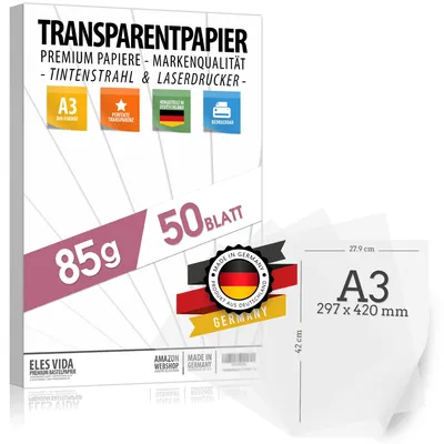 Transparentpapier DIN A3, 50 Blatt, 85 g/m², bedruckbar, Bastelpapier