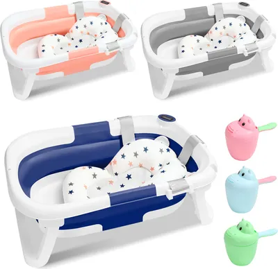 Immagine prodotto di Aopunly Bagnetto pieghevole con termometro e cuscino da bagno - Bagnetto pieghevole - Bagnetto per bambini - Grigio
