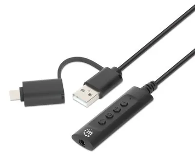 Image de Manhattan USB-C & USB-A vers câble adaptateur audio auxiliaire stéréo 3,5 mm, 2 en 1, mâle vers femelle, câble de 1 m, prend en charge le micro et la fonction audio d'un casque, norme CTIA, contrôle du volume et de la sourdine, noir