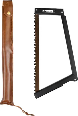 A folding saw and its leather case are displayed against a white background.