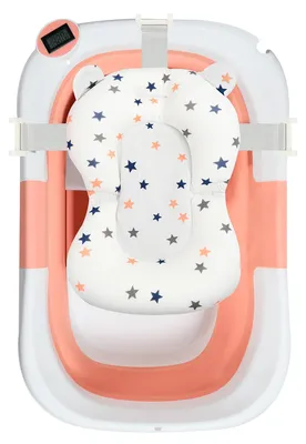 Productafbeelding van Ikodm Opvouwbaar babybad, 60,5 x 43 cm, met badmat, shampoo-beker en temperatuurindicator, geschikt voor baby's van 0-12 maanden, kleur: roze