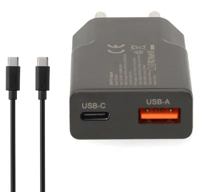 Produktbild von 20-W-GaN-Wandladegerät mit zwei Anschlüssen, USB-C PD und Kabel