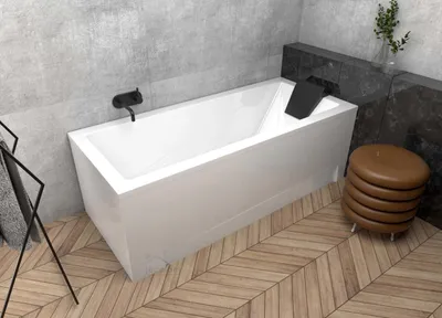 Produktbild von ECOLAM Badewanne Wanne Rechteck Modern Design Acryl weiß 140x70 cm + Kopfstütze schwarz + Schürze Ablaufgarnitur Ab- und Überlauf Automatik Füße Silikon