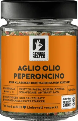 Produktbild von Aglio Olio Peperoncino, grob, Gewürzmischung italienischer Art für klassische Pasta und mediterrane Küche, 70g im Glas