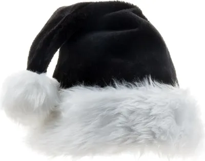 A black Santa hat with a white trim and pom-pom, isolated on a white background.