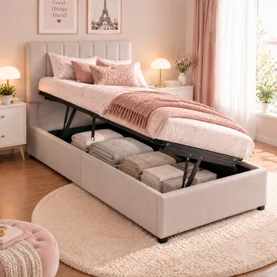 Immagine prodotto di Letto imbottito INONEFT 90x200 cm, letto con molle insacchettate e spazio contenitore ad apertura idraulica, letto singolo per bambini con rete a doghe e poggiatesta regolabile, colore beige