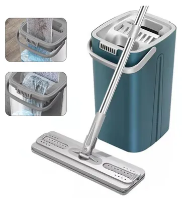 A collage showing a teal mop bucket with a mop and close-ups of the mop head being used in the bucket.