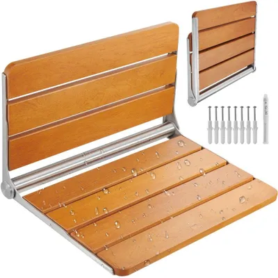 Image de Siège de douche en teck, pliable, capacité de charge de 227 kg, dimensions : 530 x 406 x 318 mm