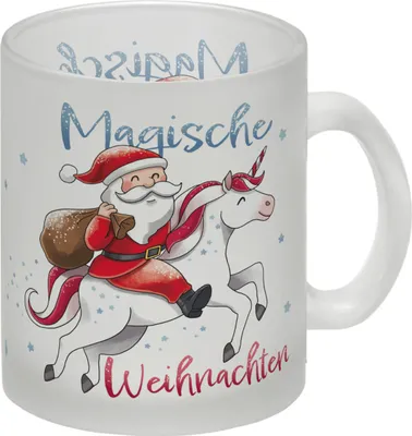 Produktbild von Weihnachtsmann auf Einhorn Glas Tasse mit Spruch Magische Weihnachten