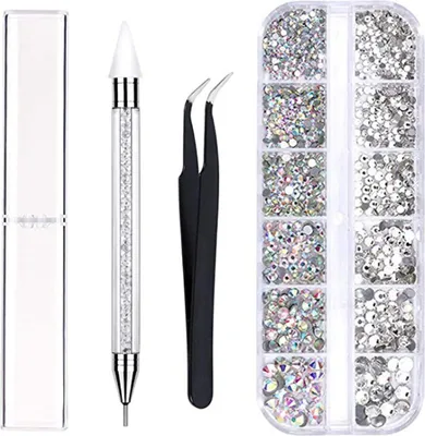 Produktbild von 1440 Stück 6 Größen Kristall Crystal Strasssteine Nail Art Strasssteine mit Pick Up Pinzette und Strass Picker Dotting Pen, Für Nagellack, Bekleidung, DIY Handwerk