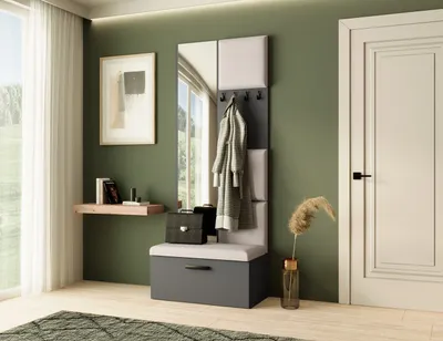 Produktbild von Garderobe MARGARET III, Farbe: Graphit + Hellbeige, mit gepolsterten Paneelen, Spiegel und Kleiderhaken