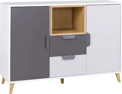 Produktbild von Kommode Joker 08 Sideboard 120 cm mit 2 Türen 2 Schubladen Kinderzimmer Weiß / Graphit + Grau + Lefkas Eiche